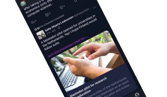 screenshot of a mastodon client running on an iphone. Screenshot is tilted to the left on a white background. The client is in dark mode and so is mostly black. One of the posts shown in the client includes a photo of two hands in front of a keyboard.
