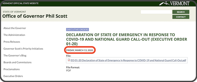 screentshot of the governor of Vermont's website showing the executive order about COVID-19 issued on March 13, 2020