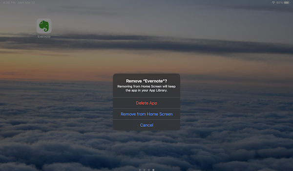 screenshot of an iPad screen with the Evernote icon in the upper left and a dialog box in the middle saying "Remove Evernote?"