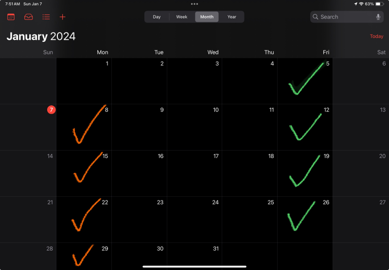 a screenshot of a black calendar of the month of January with a large green checkmark on every Friday and a large orange checkmark on every Monday