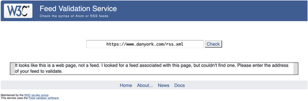 Screenshot of W3C RSS Validator showing that the feed is invalid