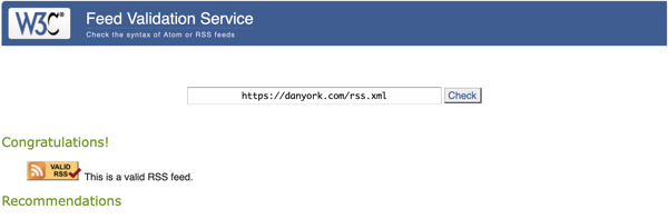 Screenshot of the W3C Feed validator with the feed successfully validating